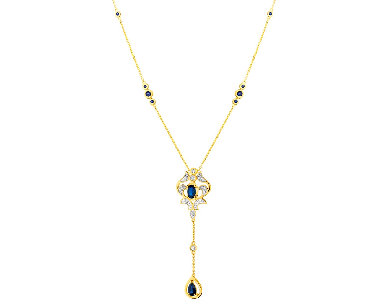 Zlatý náhrdelník s brilianty a safíry 0,09 ct - ryzost 585