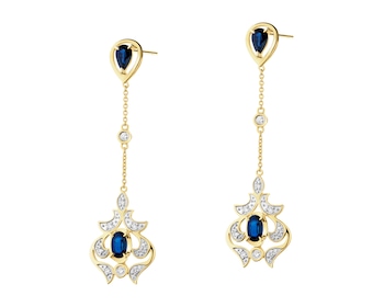 Earrings made of yellow gold with diamonds and sapphires - fineness 14 K