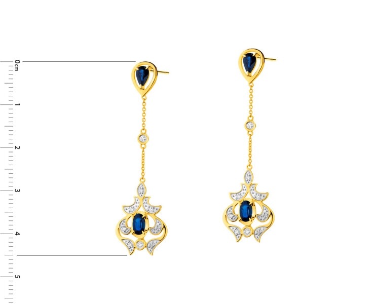 Earrings made of yellow gold with diamonds and sapphires - fineness 14 K