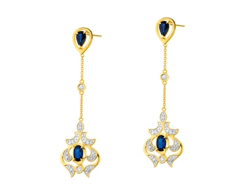 Earrings made of yellow gold with diamonds and sapphires - fineness 14 K