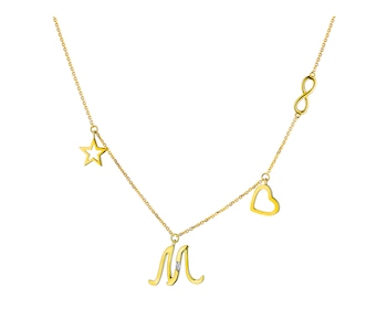 Naszyjnik z żółtego złota z diamentem - gwiazda, nieskończoność, serce, litera M 0,004 ct - próba 375