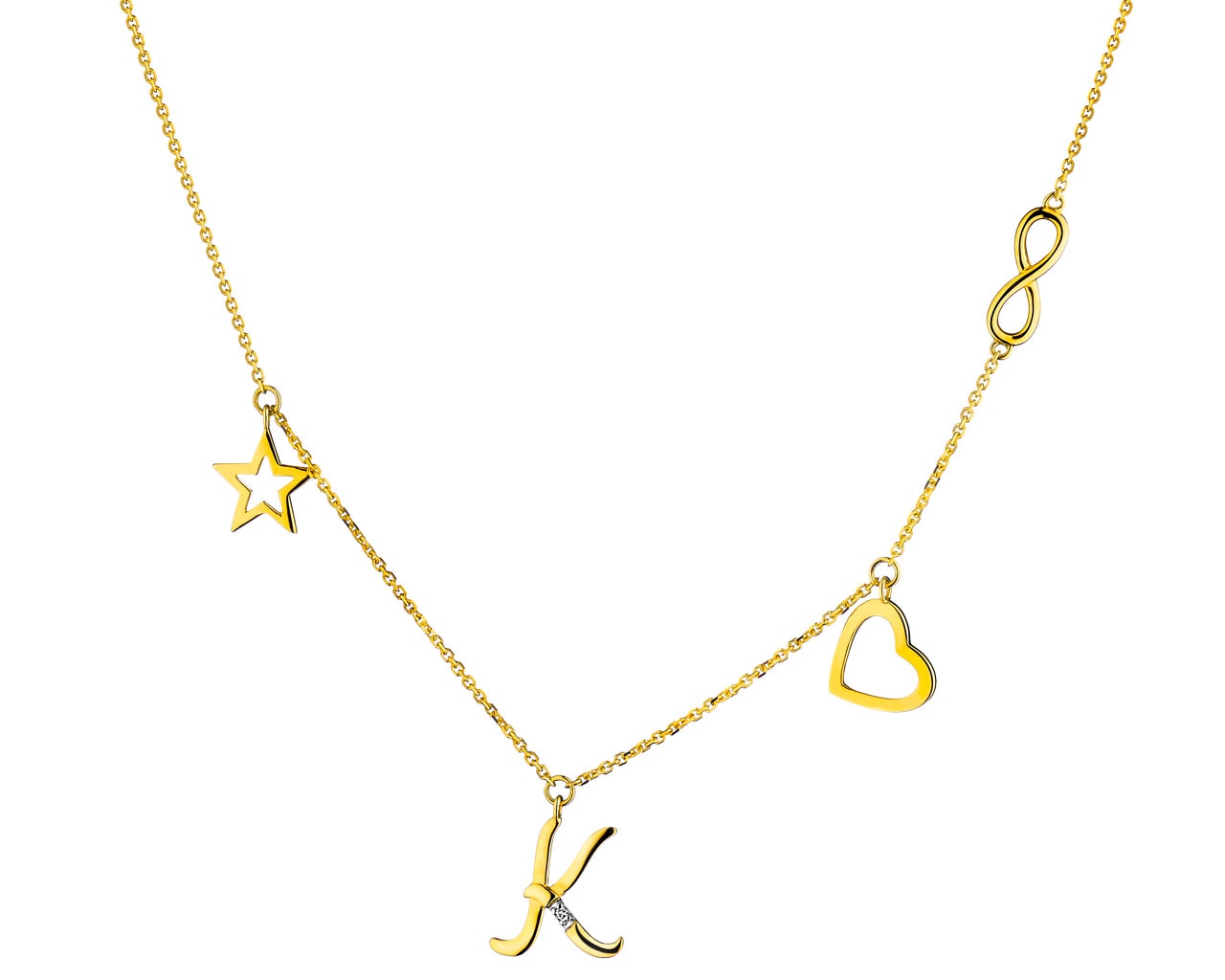 Naszyjnik z żółtego złota z diamentem - gwiazda, nieskończoność, serce, litera K 0,004 ct - próba 375