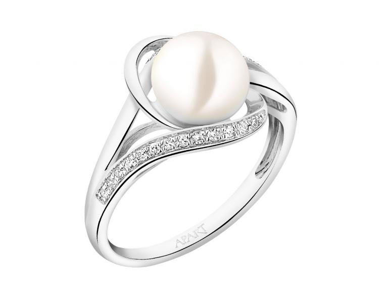 Prsten z bílého zlata s diamanty a perlou - ryzost 585