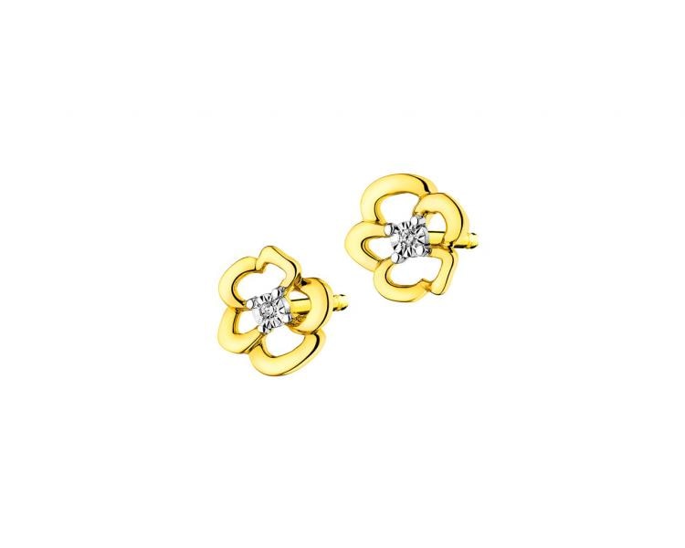 Kolczyki z żółtego i białego złota z diamentami - kwiaty 0,01 ct - próba 375