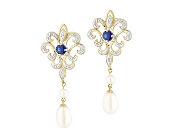 Earrings made of yellow gold with diamonds and sapphires - fineness 14 K