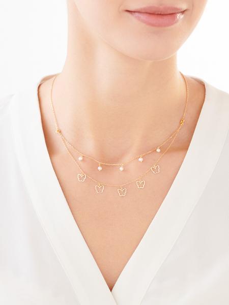 Pozlacený stříbrný náhrdelník s perlami - motýli