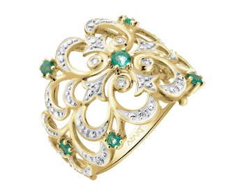 Prsten ze žlutého zlata s brilianty a smaragdy - ryzost 585