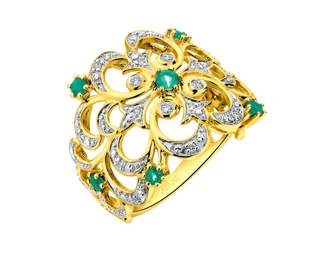 Prsten ze žlutého zlata s brilianty a smaragdy 0,10 ct - ryzost 585