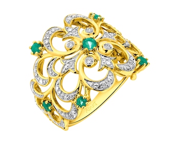 Prsten ze žlutého zlata s brilianty a smaragdy 0,10 ct - ryzost 585
