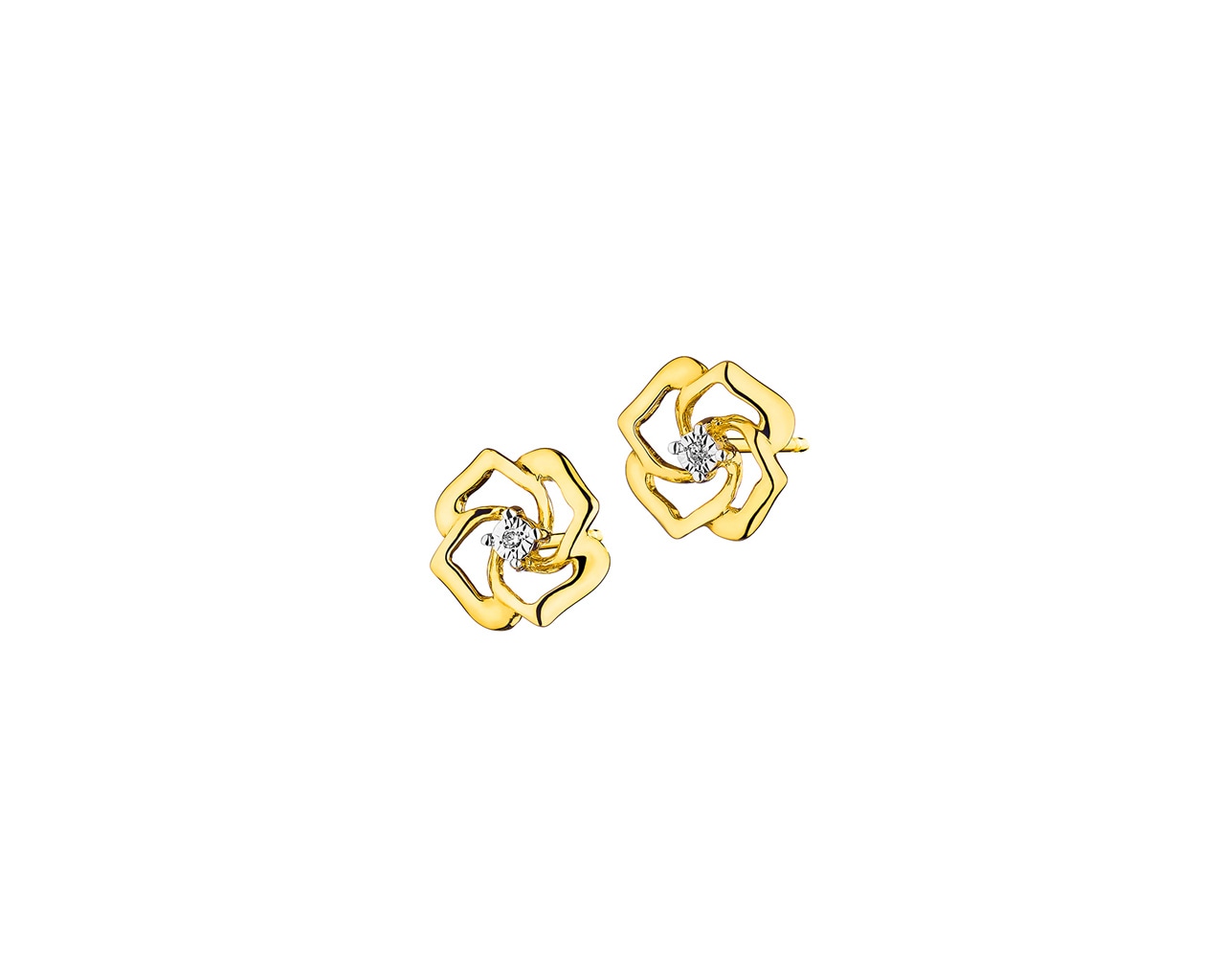 Kolczyki z żółtego złota z diamentami - kwiaty 0,01 ct - próba 375