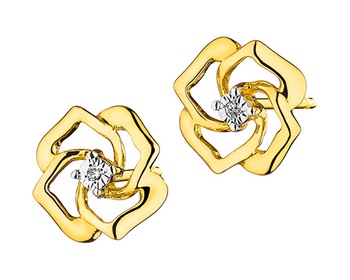 Kolczyki z żółtego złota z diamentami - kwiaty 0,01 ct - próba 375