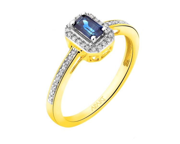 Prsten ze žlutého zlata s diamanty a safírem - ryzost 585