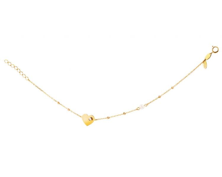 Złota bransoletka z cyrkonią i perłą , ankier - serce
