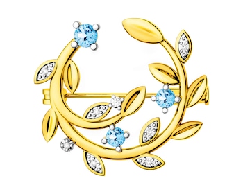 Zlatá brož s diamanty a topazy - listy 0,03 ct - ryzost 585