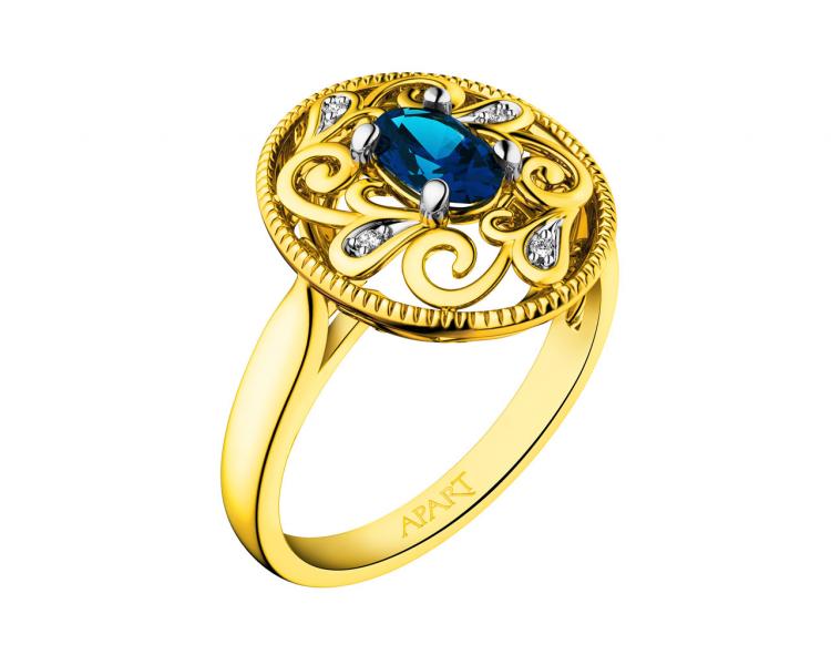 Prsten ze žlutého zlata s diamanty a safírem - ryzost 585