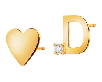 Złote kolczyki z cyrkonią - serce, litera D