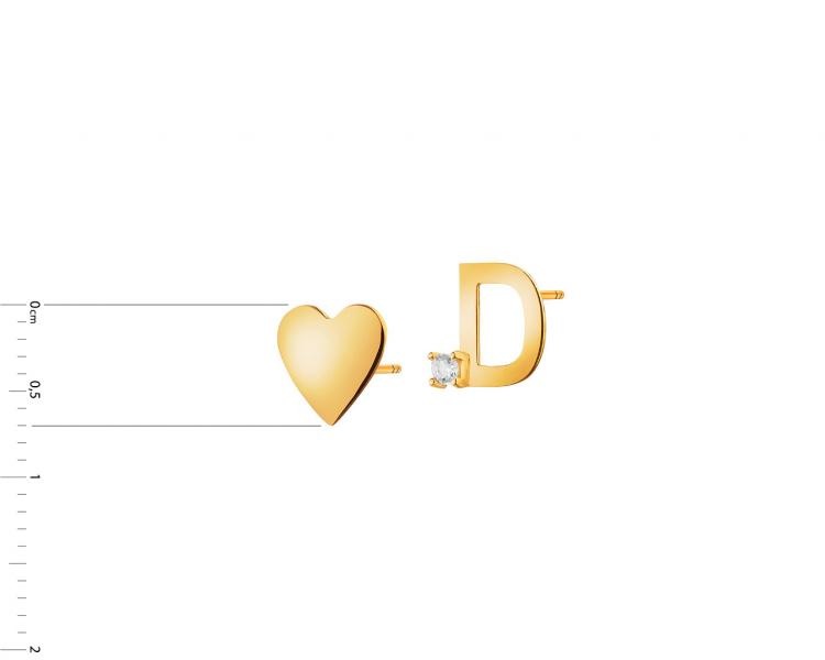 Złote kolczyki z cyrkonią - serce, litera D