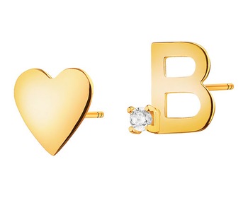 Złote kolczyki z cyrkonią - serce, litera B