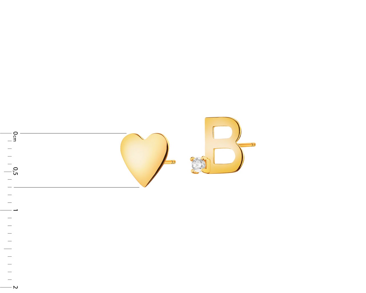 Złote kolczyki z cyrkonią - serce, litera B