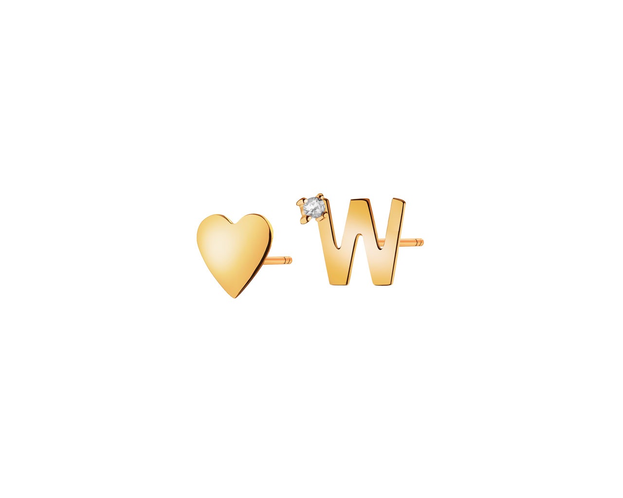 Złote kolczyki z cyrkonią - serce, litera W