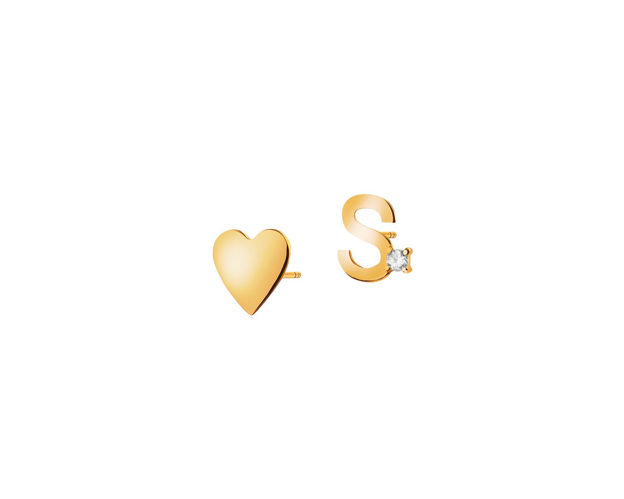 Złote kolczyki z cyrkonią - serce, litera S