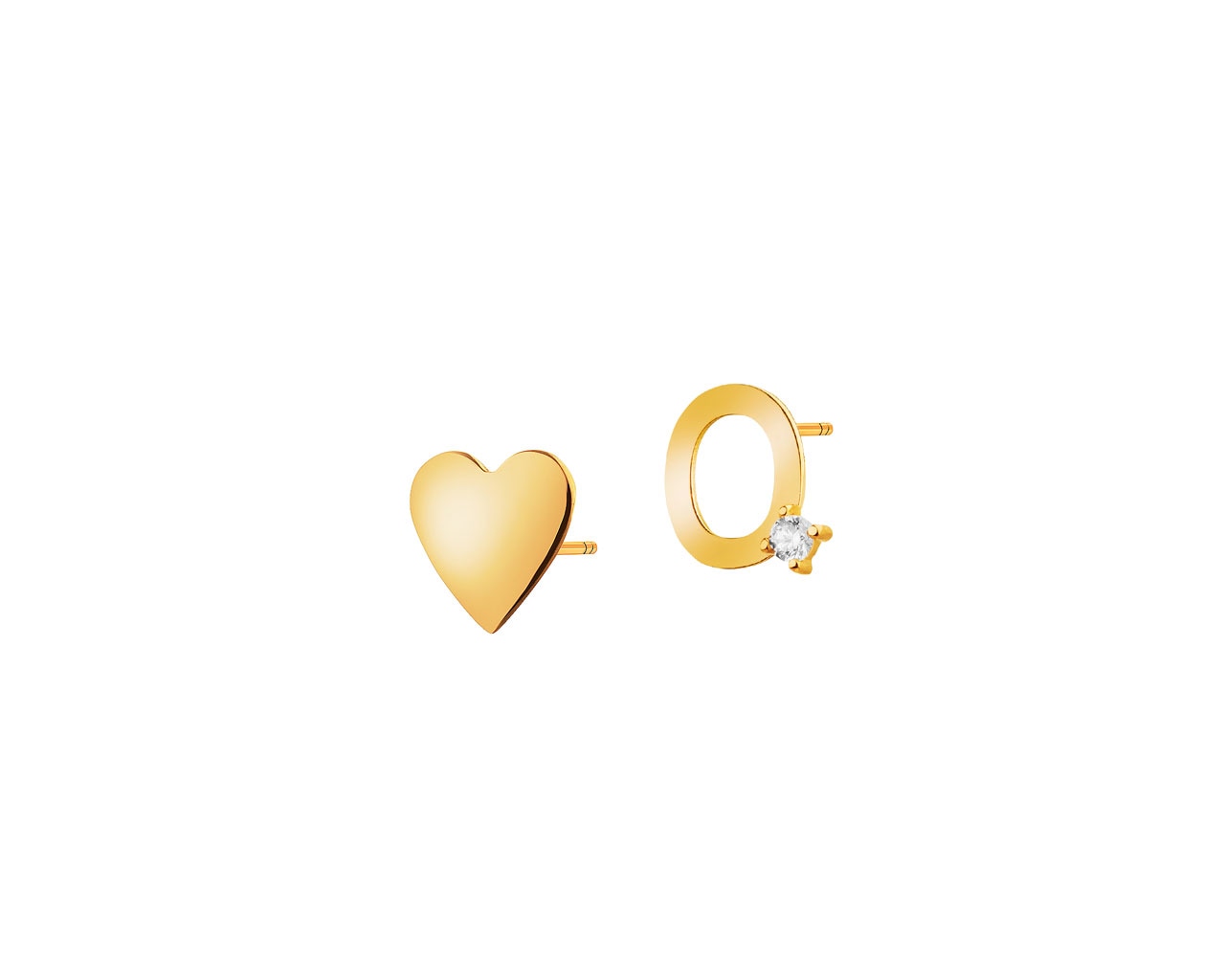 Złote kolczyki z cyrkonią - serce, litera O