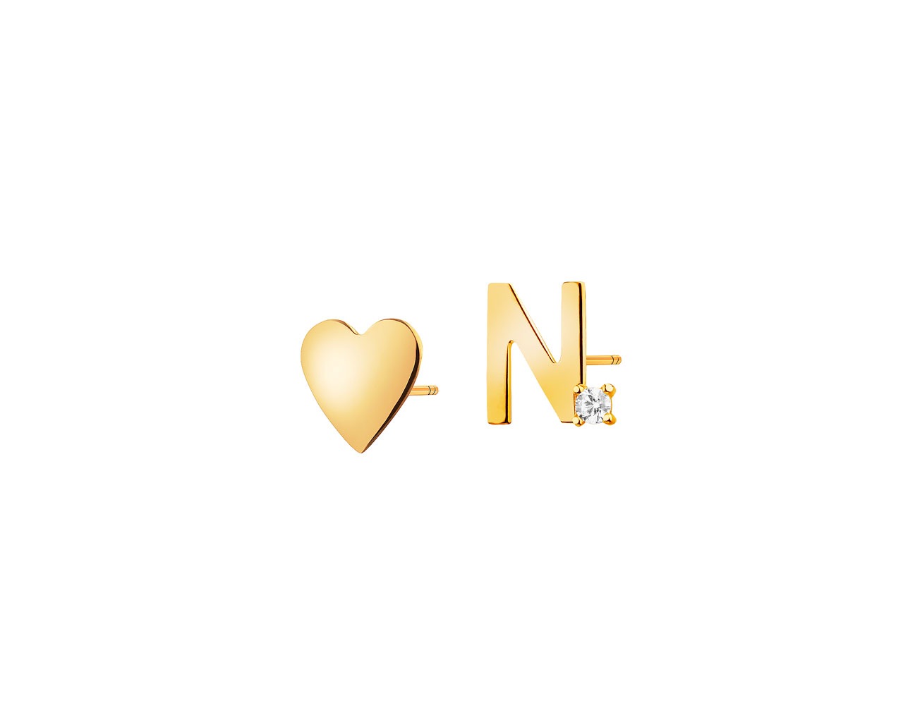 Złote kolczyki z cyrkonią - serce, litera N