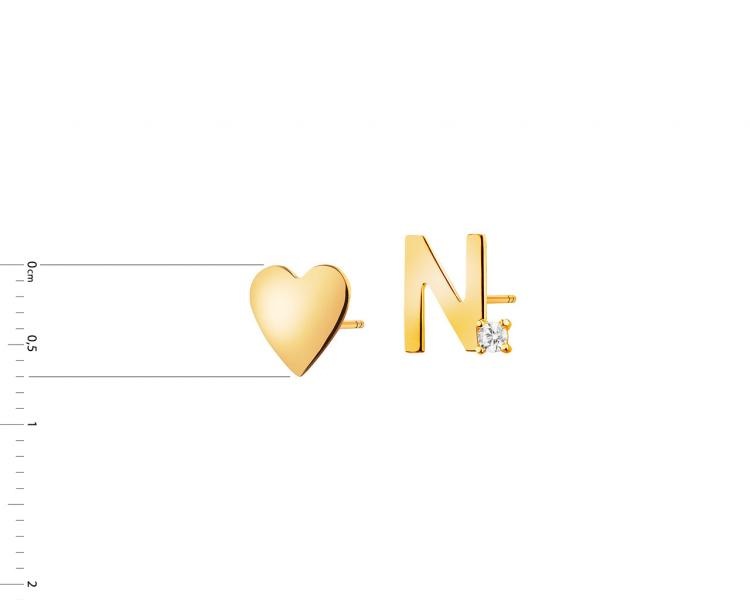 Złote kolczyki z cyrkonią - serce, litera N