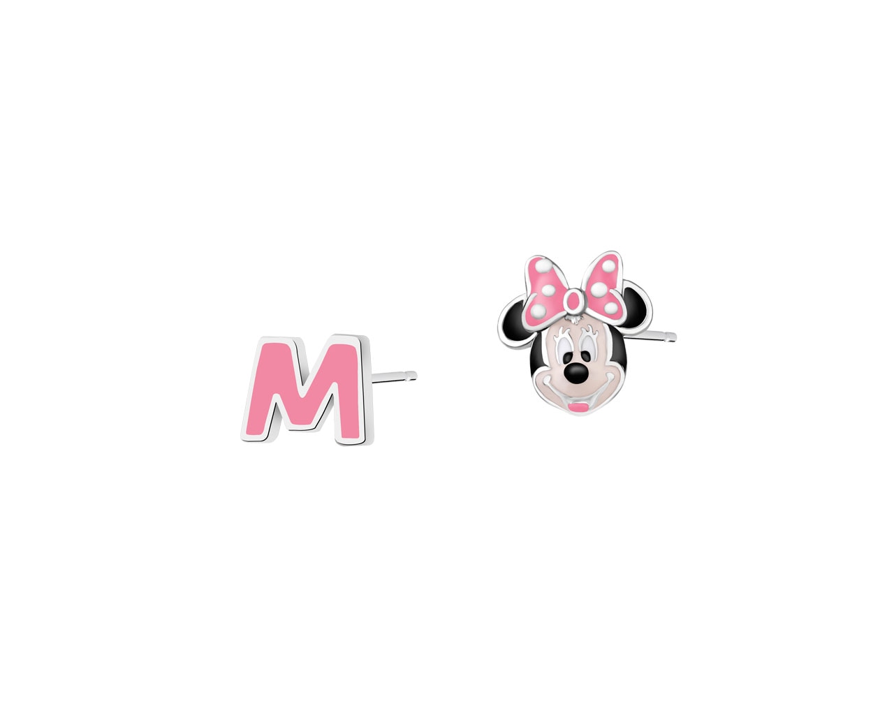 Stříbrné náušnice se smaltem - Minnie Mouse, písmeno M
