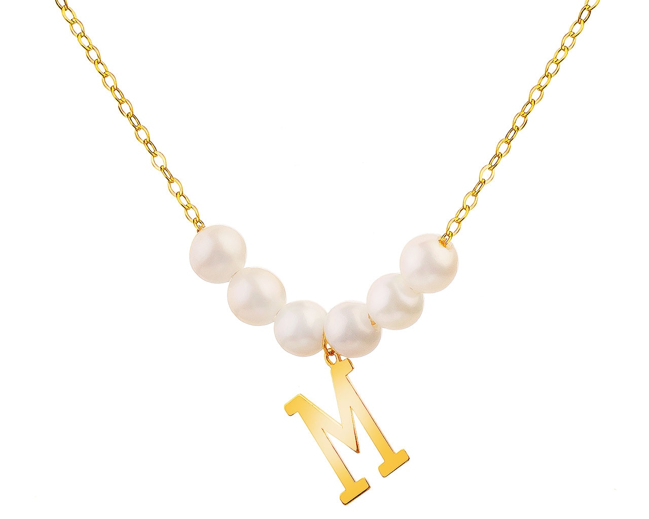 Złoty naszyjnik z perłami, ankier - litera M
