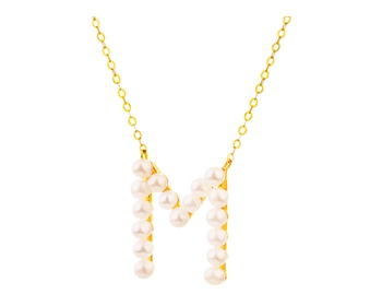 Złoty naszyjnik z perłami, ankier - litera M