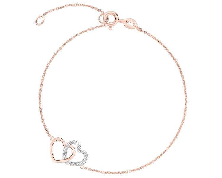 Bransoletka z różowego złota z diamentem - serca - 0,003 ct - próba 375