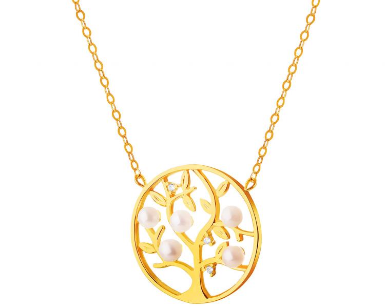 Złoty naszyjnik z perłami i cyrkoniami, ankier - drzewko