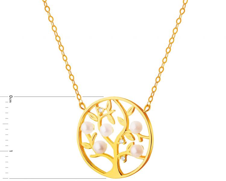 Złoty naszyjnik z perłami i cyrkoniami, ankier - drzewko