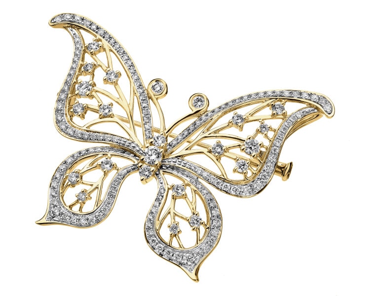 18 K Rhodium-Plated Yellow Gold Brooch with Diamonds - 1,35 ct - fineness 18 K