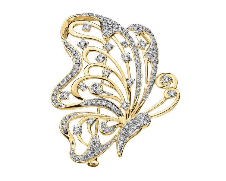 18 K Rhodium-Plated Yellow Gold Brooch with Diamonds - 1,30 ct - fineness 18 K