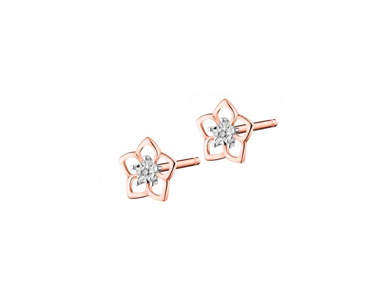 Kolczyki z różowego złota z diamentami  - kwiaty 0,006 ct - próba 375