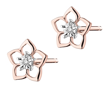 Kolczyki z różowego złota z diamentami - kwiaty - 0,006 ct - próba 585