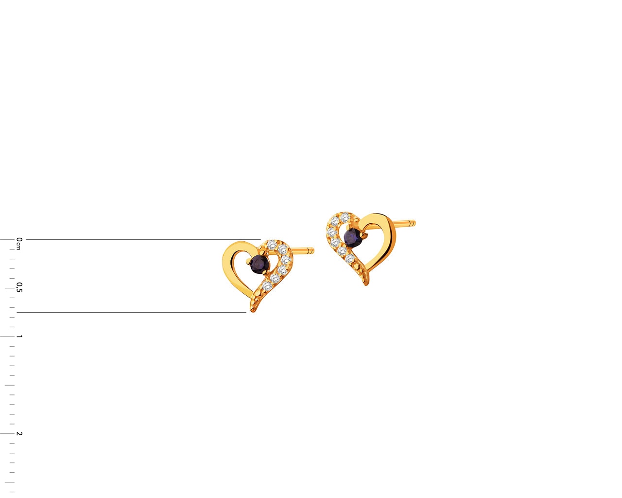 Złote kolczyki z szafirami syntetycznymi i  cyrkoniami - serca