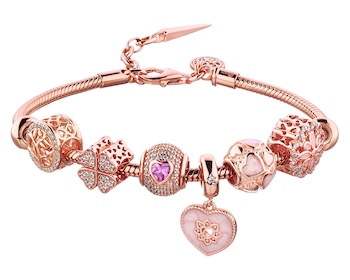 Pozlacený stříbrný náramek beads - sada -  čtyřlístek, srdce, květ, strom