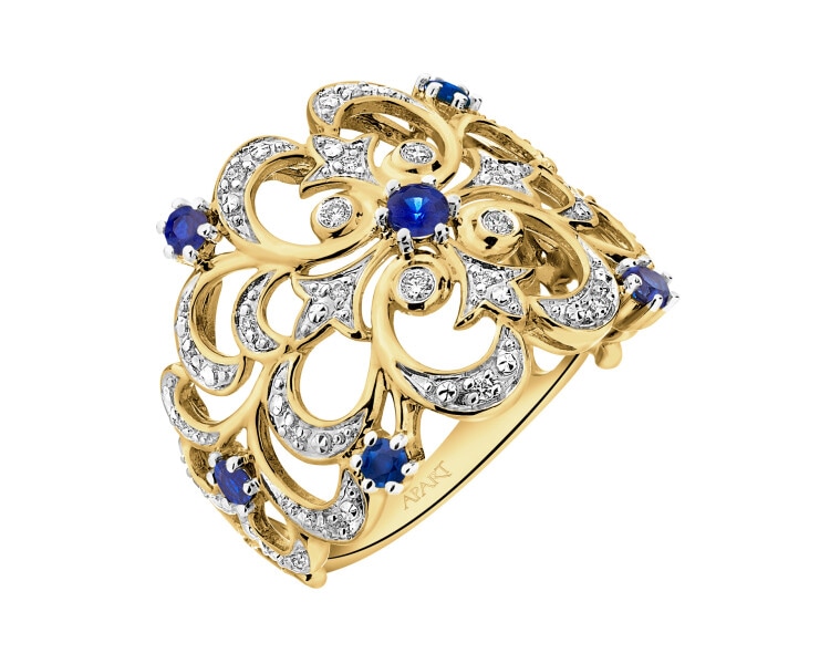 Pierścionek z żółtego złota z brylantami i szafirami - próba 585