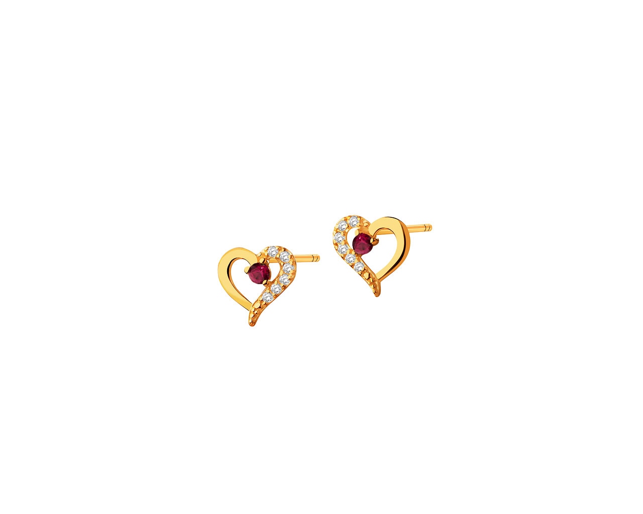 Złote kolczyki z rubinami syntetycznymi i cyrkoniami - serca