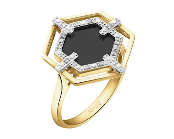 Zlatý prsten s diamanty a onyxem - ryzost 585