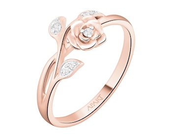 Pierścionek z różowego złota z diamentami - róża - 0,04 ct - próba 375