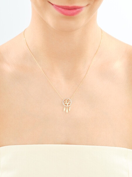 Naszyjnik z żółtego złota z diamentami - łapacz snów, drzewko - 0,05 ct - próba 375