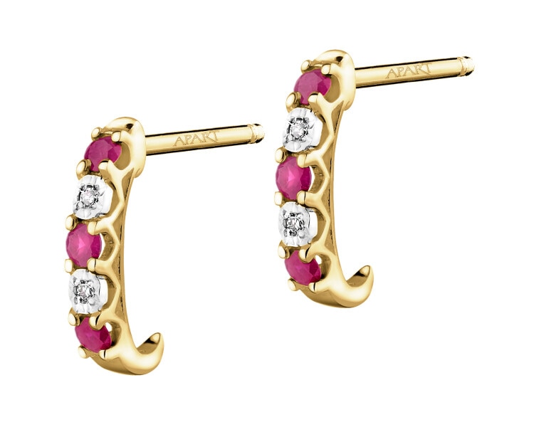 Kolczyki z żółtego złota z diamentami i rubinami - próba 585