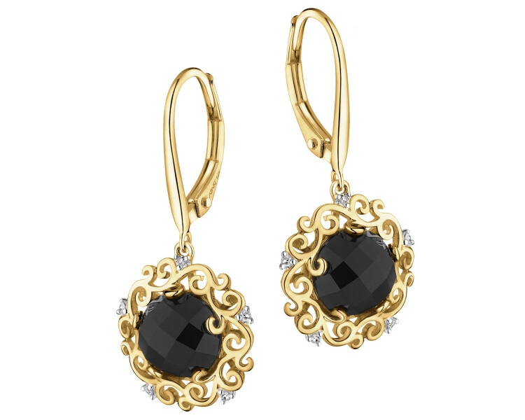 Yellow gold earrings with diamonds and onyx - fineness 14 K