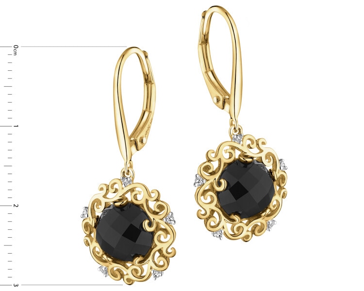Yellow gold earrings with diamonds and onyx - fineness 14 K