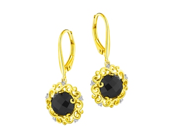 Yellow gold earrings with diamonds and onyx 0,03 ct - fineness 14 K