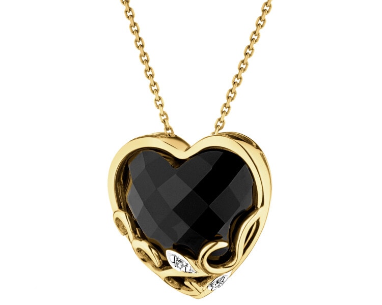 Zawieszka z żółtego złota z diamentami i onyksem - serce - próba 585